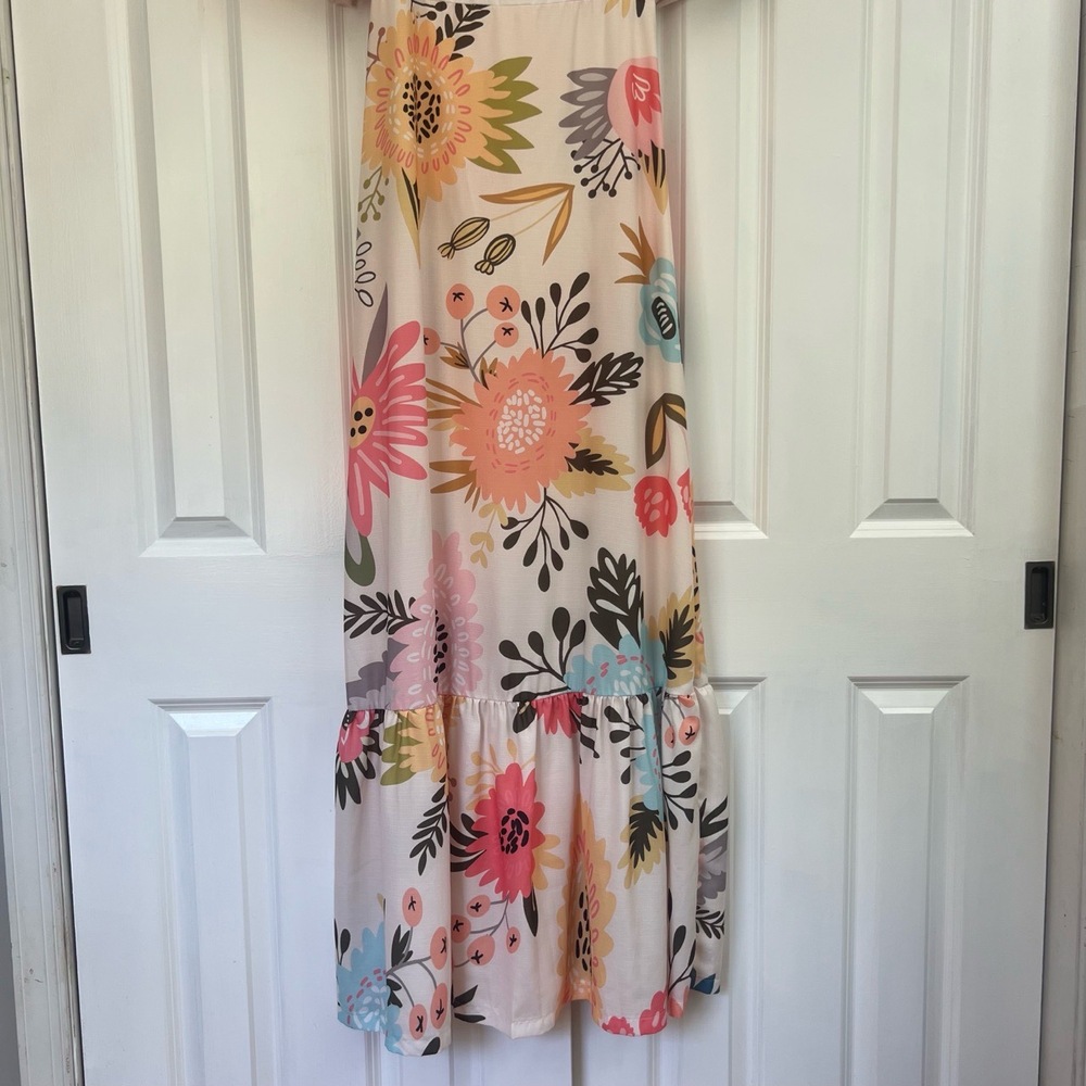 Floral Bohemian Square Neck‎ Puff Sleeve Tiered Ruffled Hem Maxi Dress Size M - Picture 4 of 16
